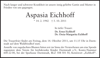 Traueranzeige von Aspasia Eichhoff von Echo-Zeitungen (Gesamtausgabe)