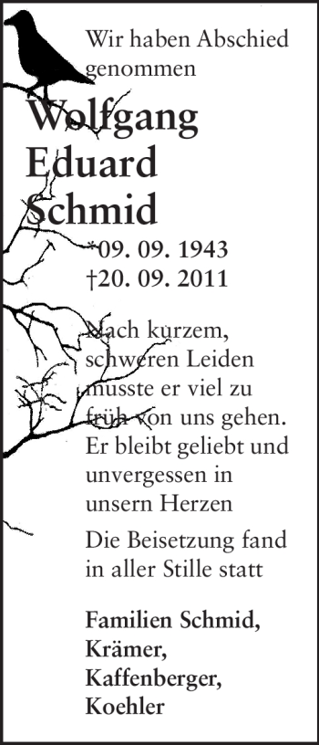 Traueranzeige von Eduard Wolfgang Schmid von Echo-Zeitungen (Gesamtausgabe)