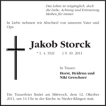 Traueranzeige von Jakob Stork von Echo-Zeitungen (Gesamtausgabe)