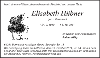 Traueranzeige von Elisabeth Hübner von Echo-Zeitungen (Gesamtausgabe)