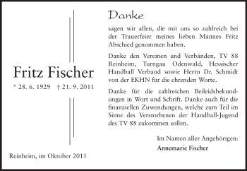 Traueranzeige von Friedrich (Fritz) Fischer von Echo-Zeitungen (Gesamtausgabe)