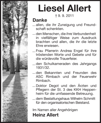 Traueranzeige von Liesel Allert von Starkenburger Echo