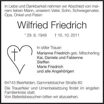 Traueranzeige von Wilfried Friedrich von Odenwälder Echo
