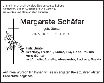 Traueranzeige von Margarete Schäfer von Echo-Zeitungen (Gesamtausgabe)