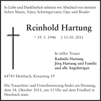 Traueranzeige von Reinhold Hartung von Odenwälder Echo