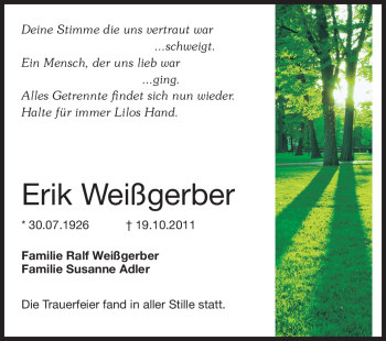 Traueranzeige von Erik Weißgerber von Echo-Zeitungen (Gesamtausgabe)