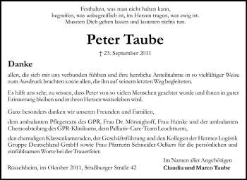 Traueranzeige von Peter Taube von Rüsselsheimer Echo, Groß-Gerauer-Echo, Ried Echo