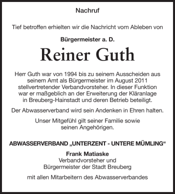 Traueranzeige von Reiner Guth von Odenwälder Echo