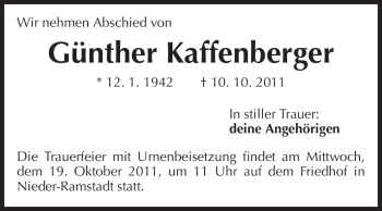 Traueranzeige von Günther Kaffenberger von Echo-Zeitungen (Gesamtausgabe)