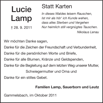 Traueranzeige von Lucie Lamp von Odenwälder Echo