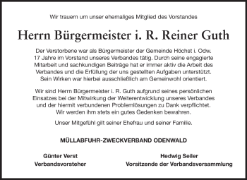Traueranzeige von Reiner Guth von Odenwälder Echo