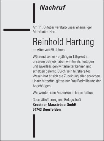 Traueranzeige von Reinhold Hartung von Odenwälder Echo