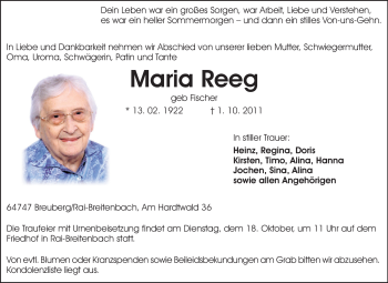 Traueranzeige von Maria Reeg von Odenwälder Echo
