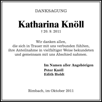 Traueranzeige von Katharina Knöll von Odenwälder Echo