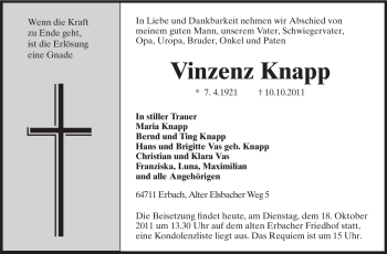 Traueranzeige von Vinzenz Knapp von Odenwälder Echo