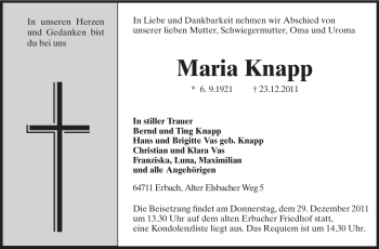 Traueranzeige von Maria Knapp von Odenwälder Echo