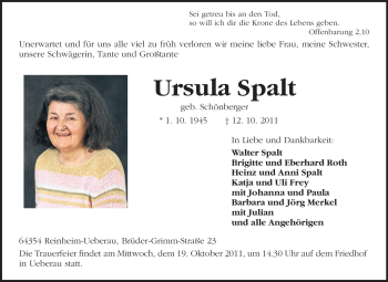 Traueranzeige von Ursula Spalt von Darmstädter Echo, Odenwälder Echo, Rüsselsheimer Echo, Groß-Gerauer-Echo, Ried Echo