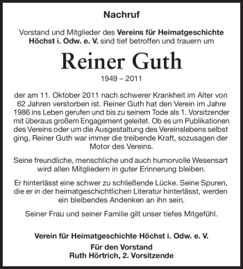 Traueranzeige von Reiner Guth von Odenwälder Echo