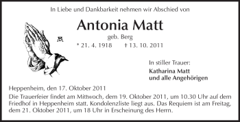 Traueranzeige von Antonia Matt von Starkenburger Echo