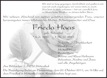 Traueranzeige von Frieda Haas von Odenwälder Echo