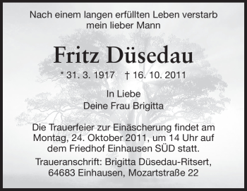 Traueranzeige von Fritz Düsedau von Echo-Zeitungen (Gesamtausgabe)