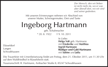 Traueranzeige von Ingeborg Hartmann von Rüsselsheimer Echo, Groß-Gerauer-Echo, Ried Echo
