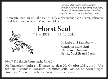 Traueranzeige von Horst Seul von Odenwälder Echo