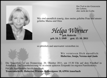 Traueranzeige von Helga Wörner von Odenwälder Echo