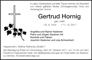 Traueranzeige von Gertrud Hornig von Starkenburger Echo
