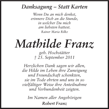 Traueranzeige von Mathilde Franz von Darmstädter Echo, Odenwälder Echo, Rüsselsheimer Echo, Groß-Gerauer-Echo, Ried Echo