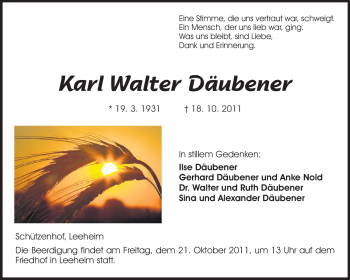 Traueranzeige von Karl Walter Däubener  von Rüsselsheimer Echo, Groß-Gerauer-Echo, Ried Echo