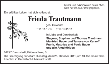 Traueranzeige von Frieda Trautmann von Echo-Zeitungen (Gesamtausgabe)