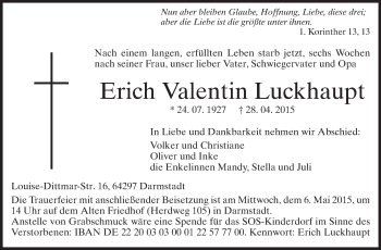 Traueranzeige von Erich Valentin Luckhaupt von Echo-Zeitungen (Gesamtausgabe)