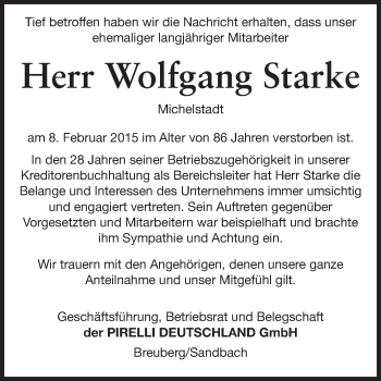 Traueranzeige von Wolfgang Starke von Odenwälder Echo
