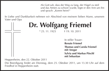 Traueranzeige von Wolfgang Friemel von Starkenburger Echo