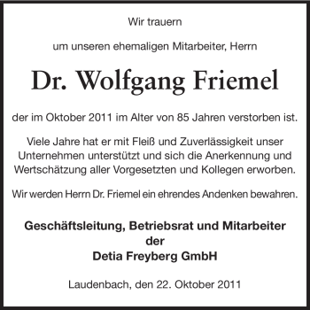 Traueranzeige von Wolfgang Friemel von Starkenburger Echo