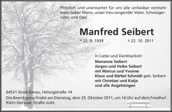 Traueranzeige von Manfred Seibert von Rüsselsheimer Echo, Groß-Gerauer-Echo, Ried Echo