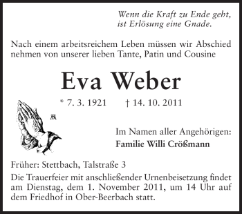 Traueranzeige von Eva Weber von Echo-Zeitungen (Gesamtausgabe)