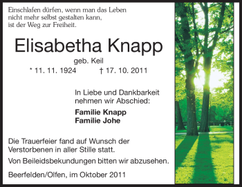 Traueranzeige von Elisabeth Knapp von Odenwälder Echo