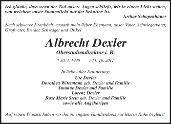 Traueranzeige von Albrecht Dexler von Darmstädter Echo, Odenwälder Echo, Rüsselsheimer Echo, Groß-Gerauer-Echo, Ried Echo