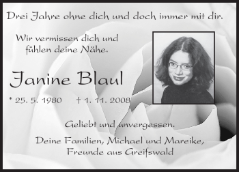 Traueranzeige von Janine Blaul von Darmstädter Echo, Odenwälder Echo, Rüsselsheimer Echo, Groß-Gerauer-Echo, Ried Echo