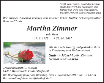 Traueranzeige von Martha Zimmer von Echo-Zeitungen (Gesamtausgabe)