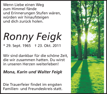Traueranzeige von Ronny Feigk von Darmstädter Echo, Odenwälder Echo, Rüsselsheimer Echo, Groß-Gerauer-Echo, Ried Echo