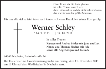 Traueranzeige von Werner Schley von Rüsselsheimer Echo, Groß-Gerauer-Echo, Ried Echo