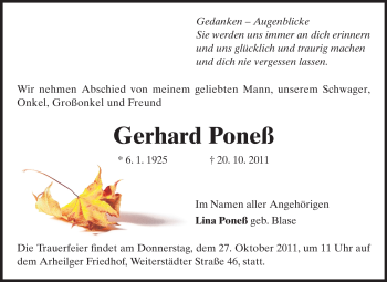 Traueranzeige von Gerhard Poneß von Echo-Zeitungen (Gesamtausgabe)