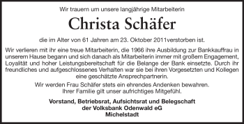 Traueranzeige von Christa Schäfer von Odenwälder Echo