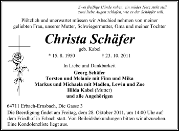 Traueranzeige von Christa Schäfer von Echo-Zeitungen (Gesamtausgabe)