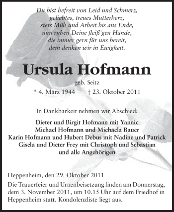 Traueranzeige von Ursula Hofmann von Starkenburger Echo