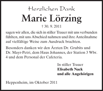 Traueranzeige von Marie Lörzing von Starkenburger Echo