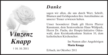 Traueranzeige von Vinzenz Knapp von Odenwälder Echo